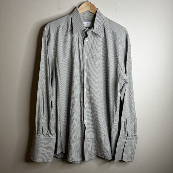 Ermenegildo Zegna Dress Shirt Mens 16 41 Beige Black Stripe French Cuff Italy - Picture 1 of 13